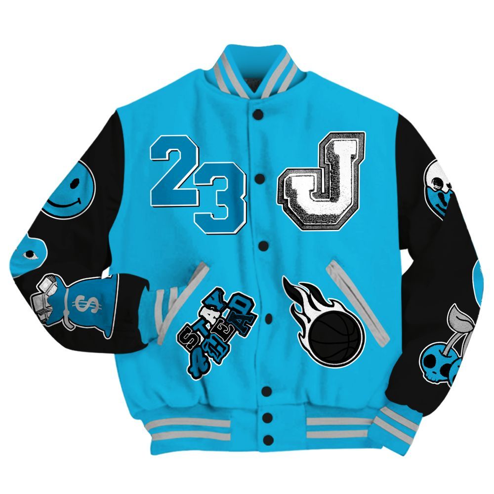 Varsity Jacket To Match Black University Blue 2026 14s - Hustles Money Number 23 All Over Print