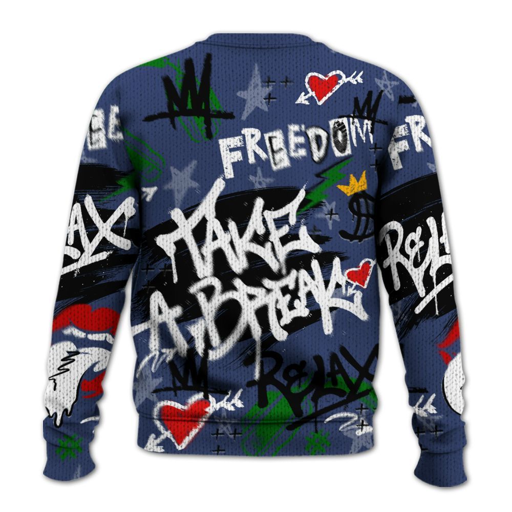 Knitted Sweater To Match Midnight Navy 13s - Take Break Freedom Graffiti Streetwear