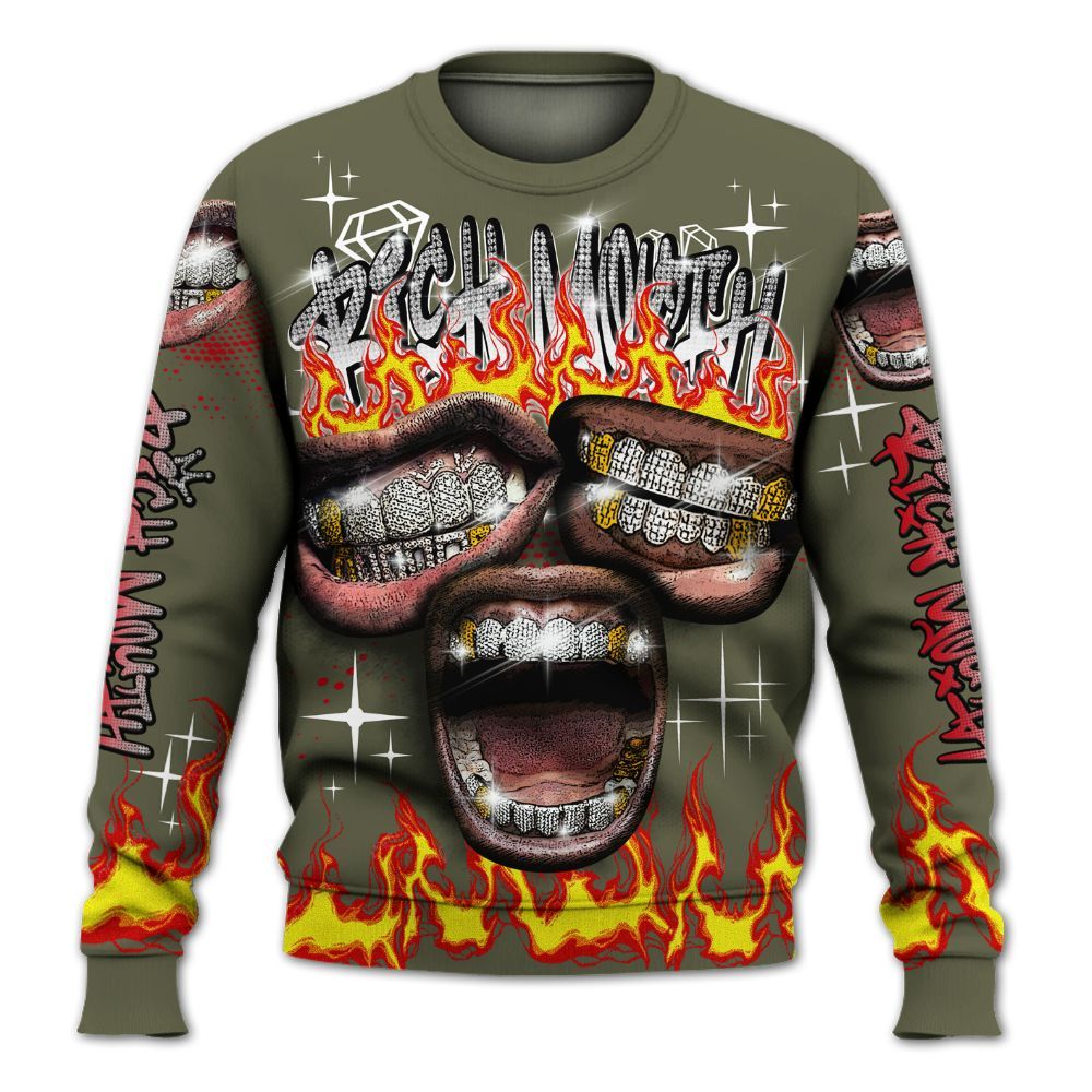 Sweatshirt To Match Low OG Medium Olive 1s - Rich Mouth Fire Rap Retro 90s All Over Print