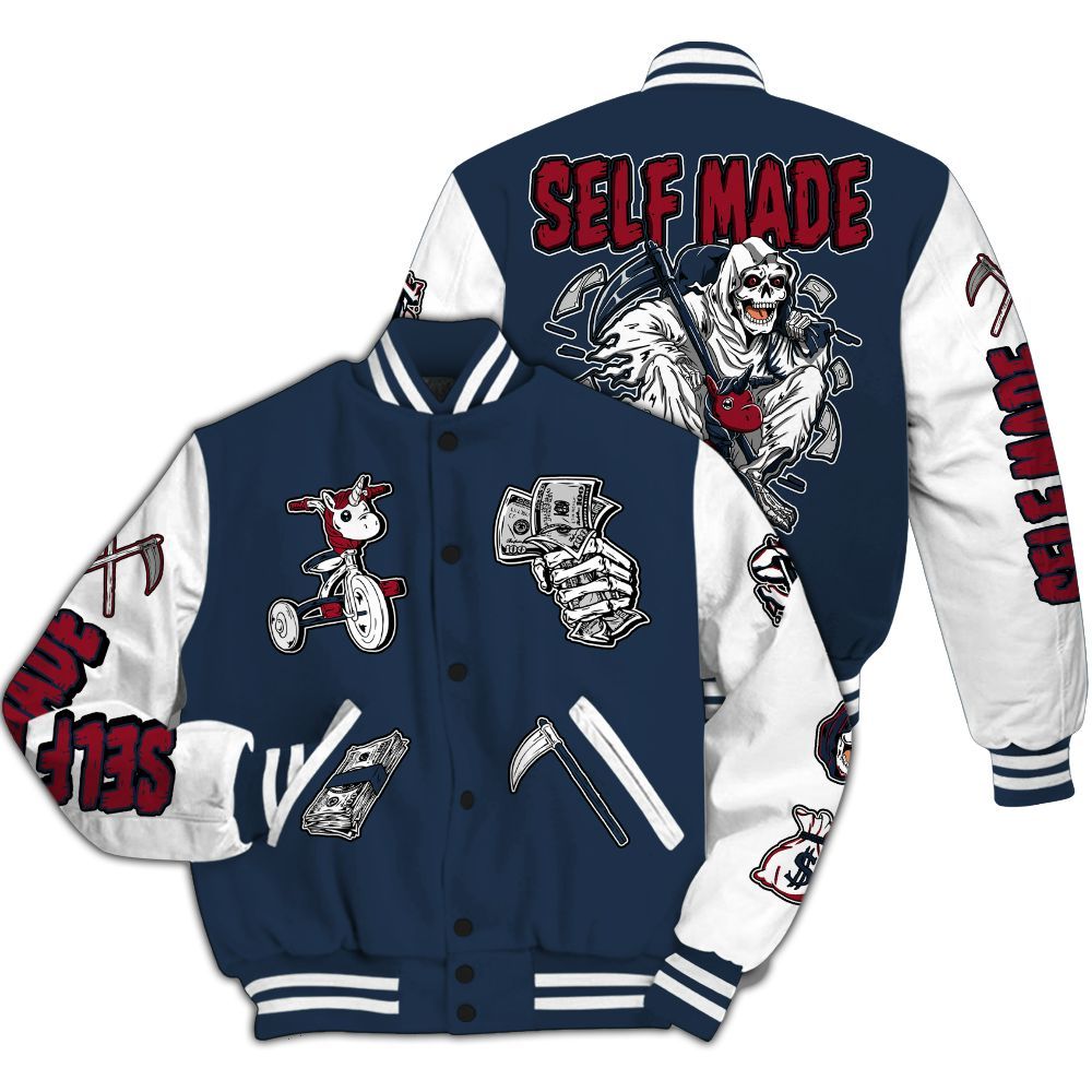 Varsity Jacket To Match White Midnight Navy 6s - Self Make Skeleton All Over Print
