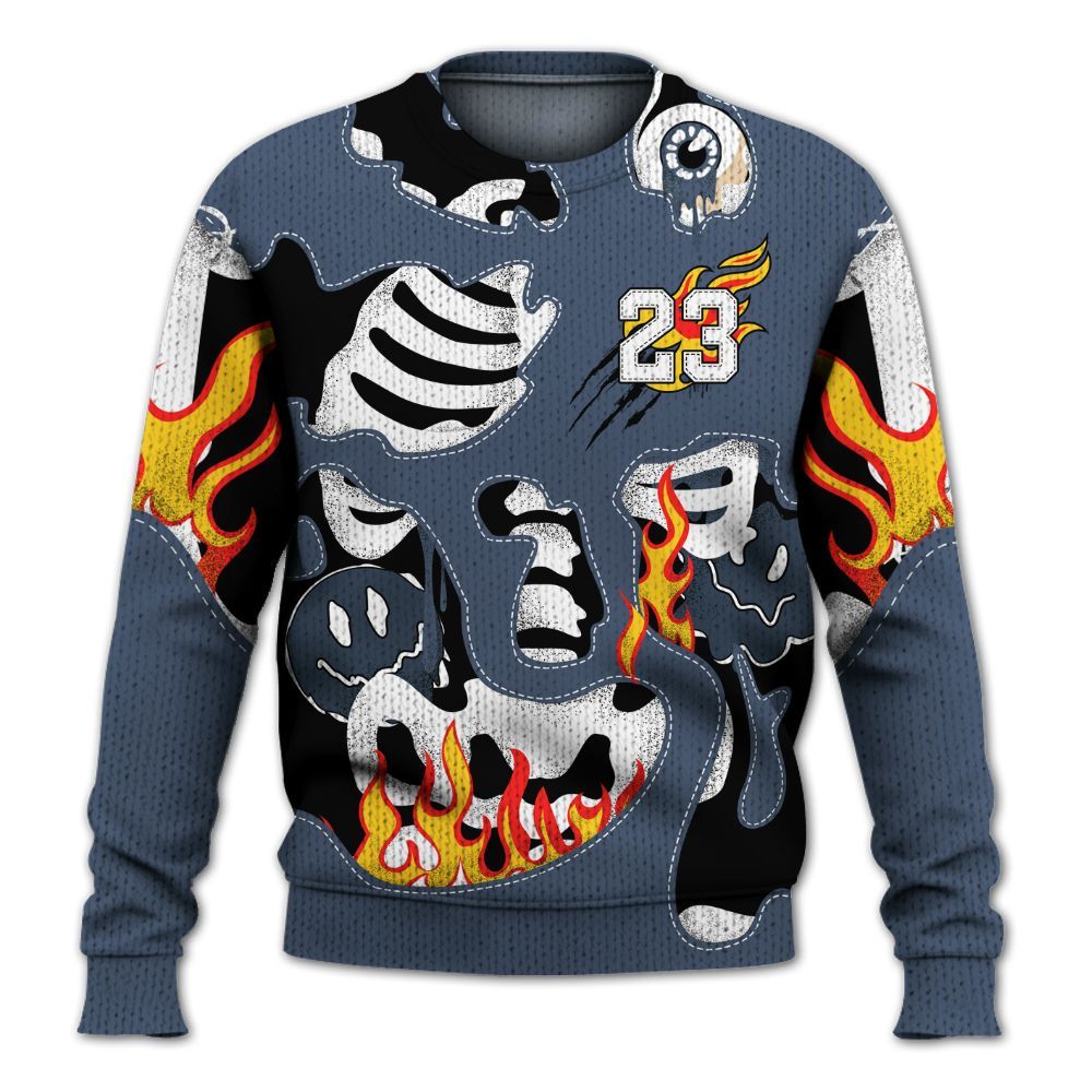 Knitted Sweater To Match Low Diffused Blue 11s - Skeleton Smile Flame Drip