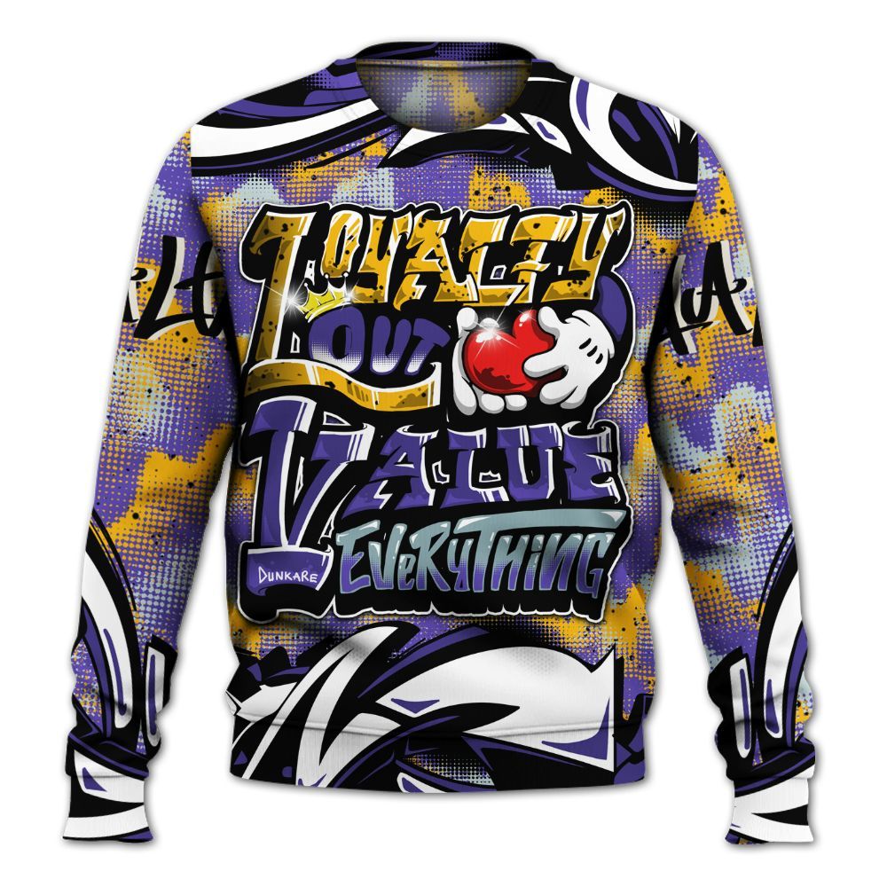 Sweatshirt To Match Imperial Purple 4s - Loyalty Out Value Graffiti All Over Print