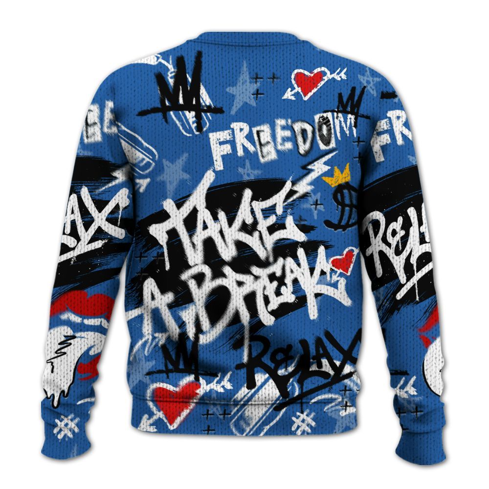 Knitted Sweater To Match Brave Blue 13s - Take Break Freedom Graffiti Streetwear