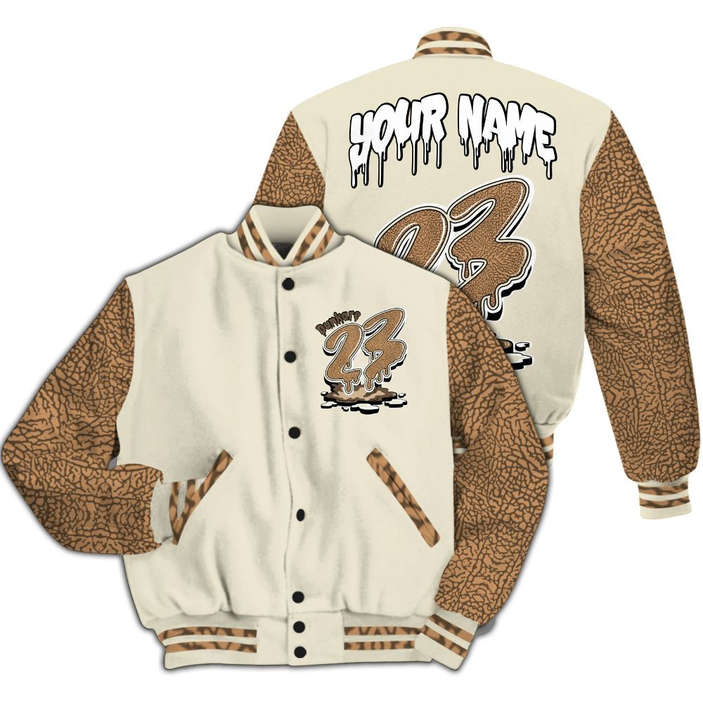 Varsity Jacket To Match Orewood Brown 3s - Custom Name 23 Drip All Over Print