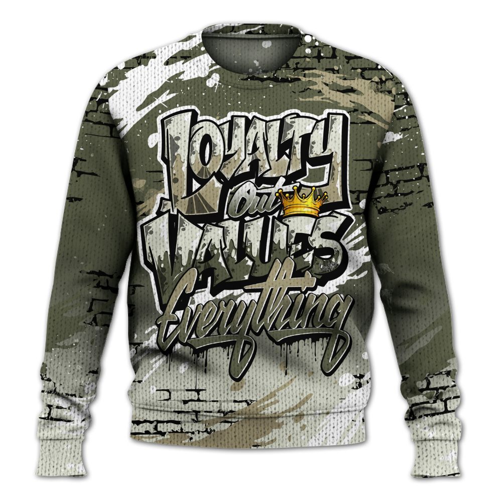 Sweater To Match Low OG Medium Olive 1s - Values Of Loyalty Drip Graphic