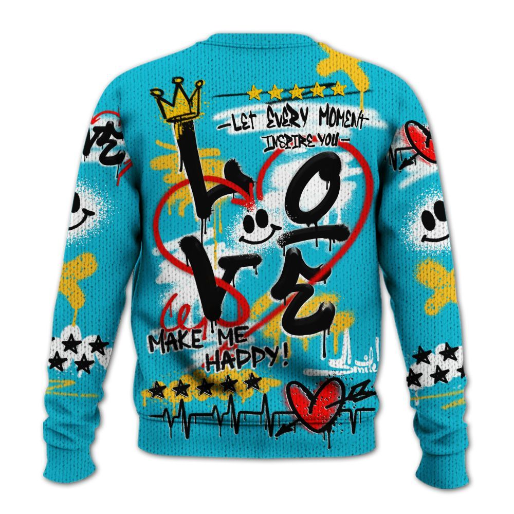 Knitted Sweater To Match Retro Aqua 5s - Happy Love Beats Graffiti Streetwear