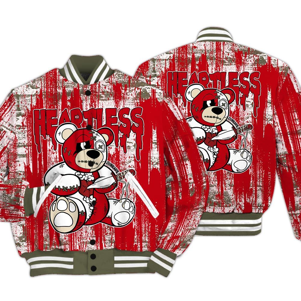 Varsity Jacket To Match Low OG Medium Olive 1s - Heartless Bear Glitch Art Varsity Jacket Unisex