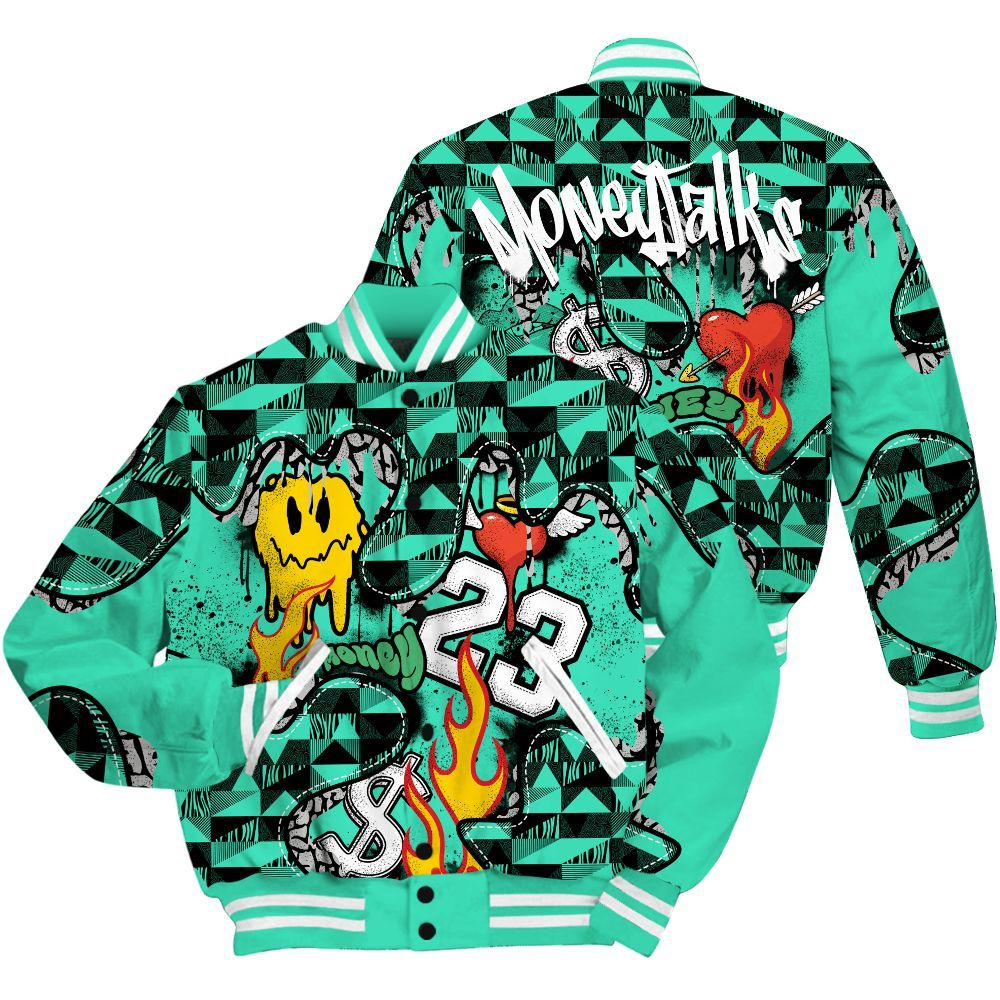Varsity Jacket To Match Black Green Glow 3s - 23 Smile Burning Heart Green Glow 3s All Over Print