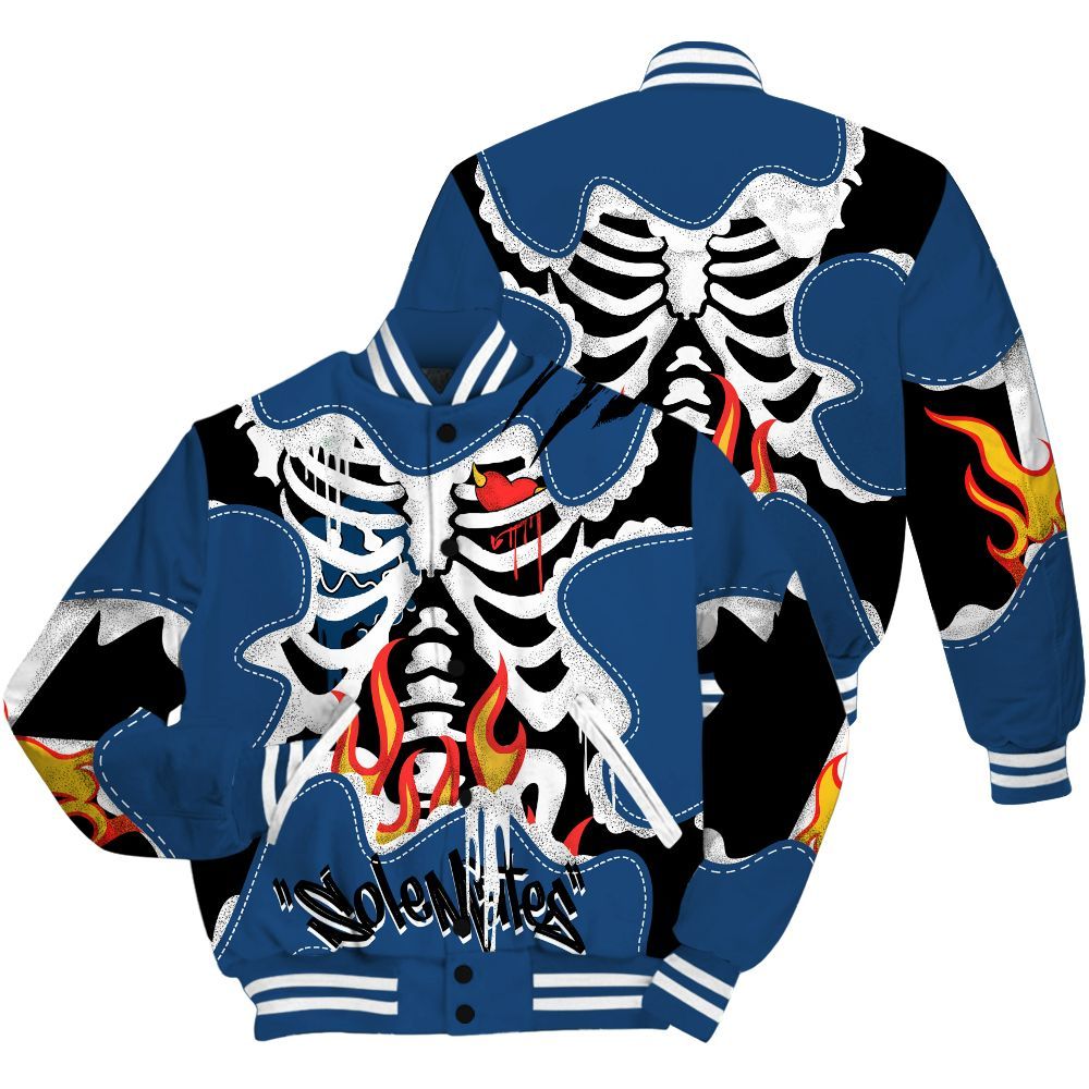 Varsity Jacket To Match High OG Midnight Navy 1s - Skeleton Burning Heart Drip All Over Print