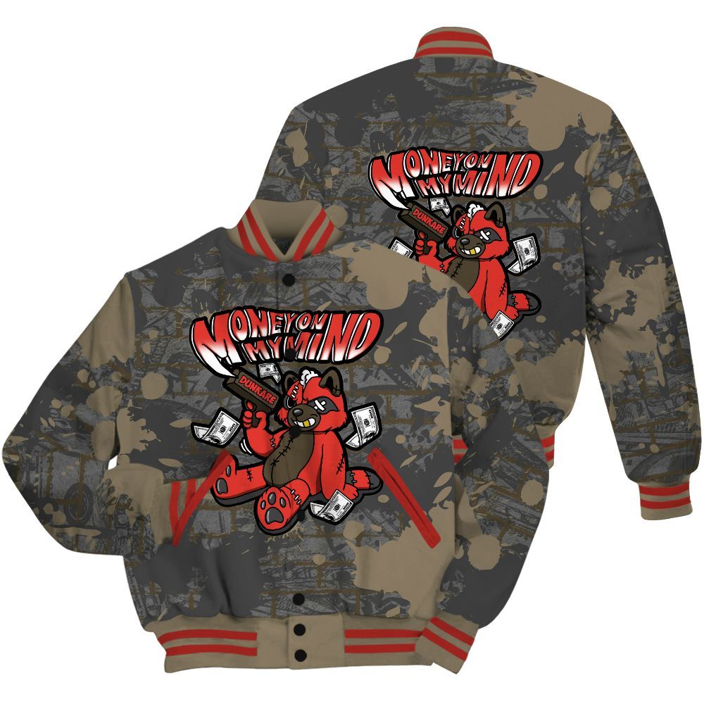 Varsity Jacket To Match Olive 9s Shirt - Money On My Mind Raccoon Brick All Over Print