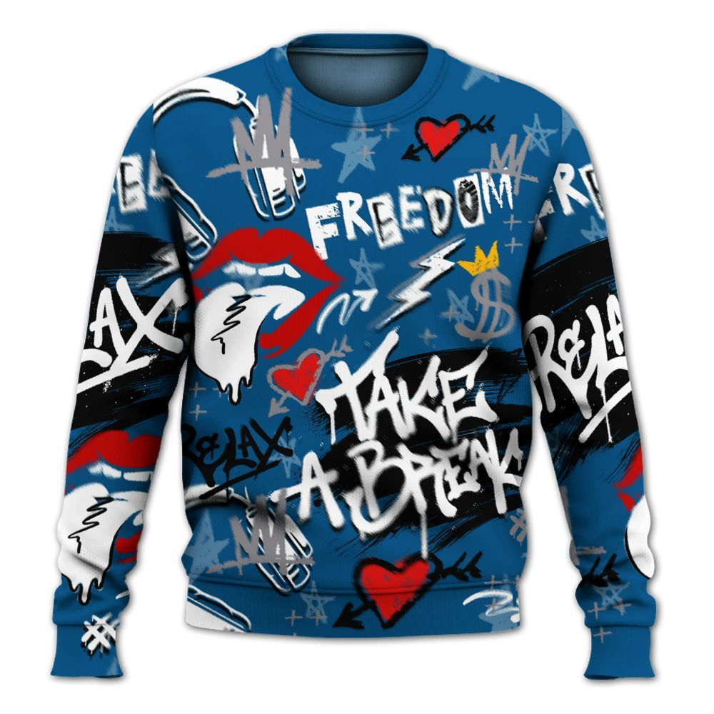 Sweatshirt To Match High OG True Blue 1s - Take Break Freedom Graffiti Streetwear All Over Print