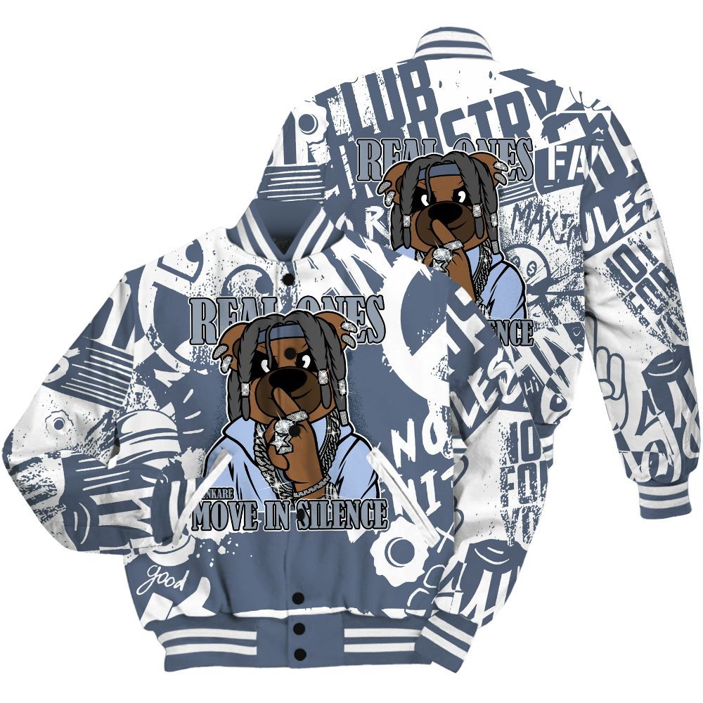 Varsity Jacket To Match Low Diffused Blue 11s Shirt - Silent Achievers Bear Monogram Graffiti All Over Print