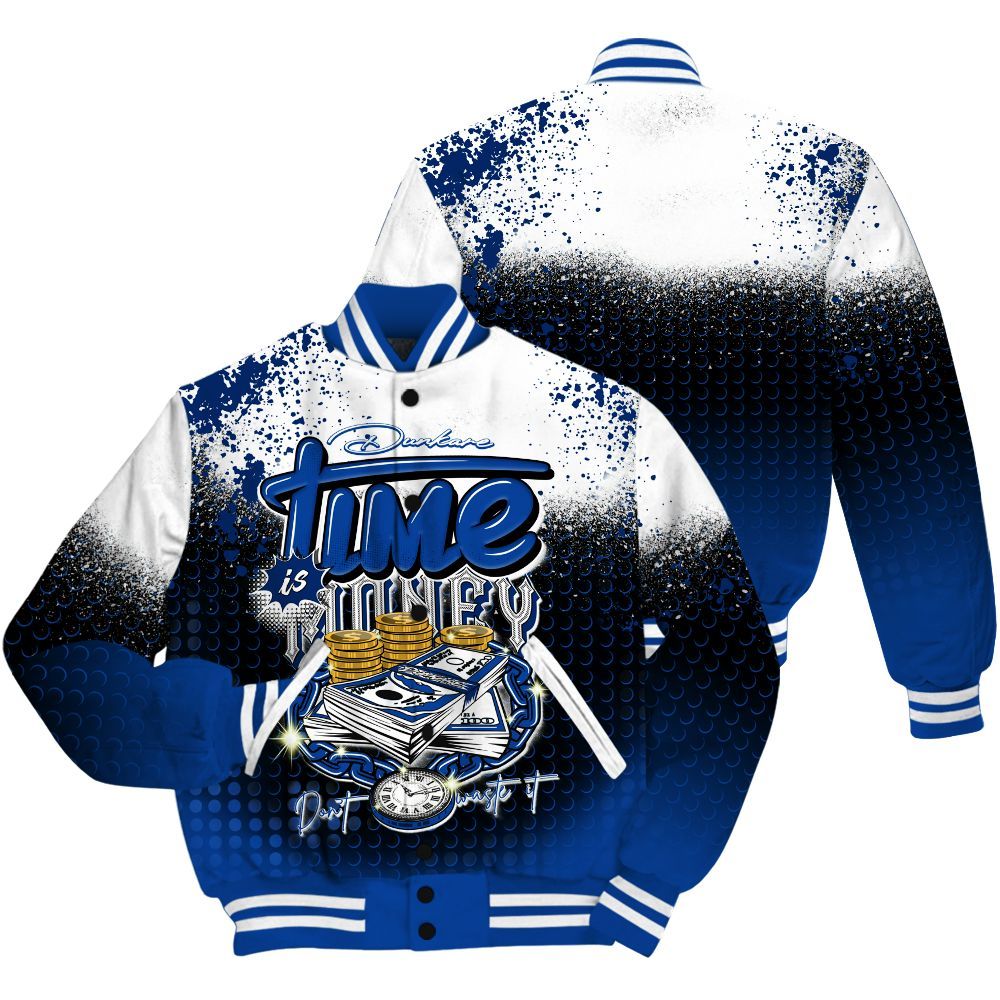 Varsity Jacket To Match Low Game Royal 1s Shirt, Halftone Time Is Money All Over Print