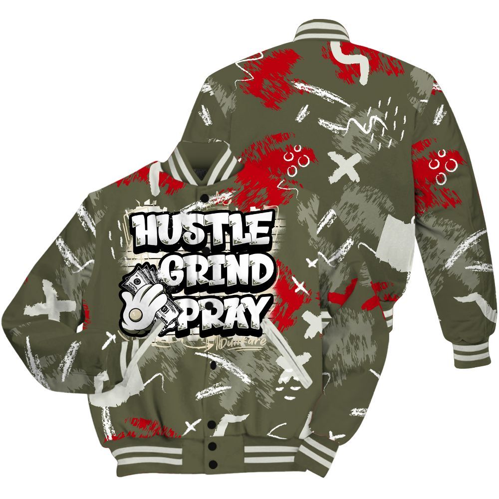 Varsity Jacket To Match Low OG Medium Olive 1s - Hustle Grind Pray Retro All Over Print
