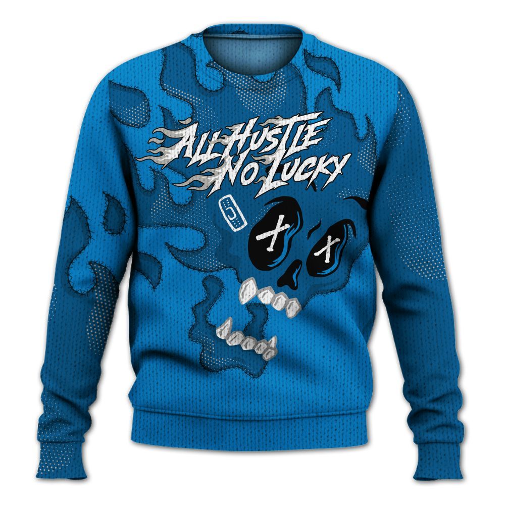 Knitted Sweater To Match Industrial Blue 4s - All Hustle No Lucky Skull Military Blue 4s