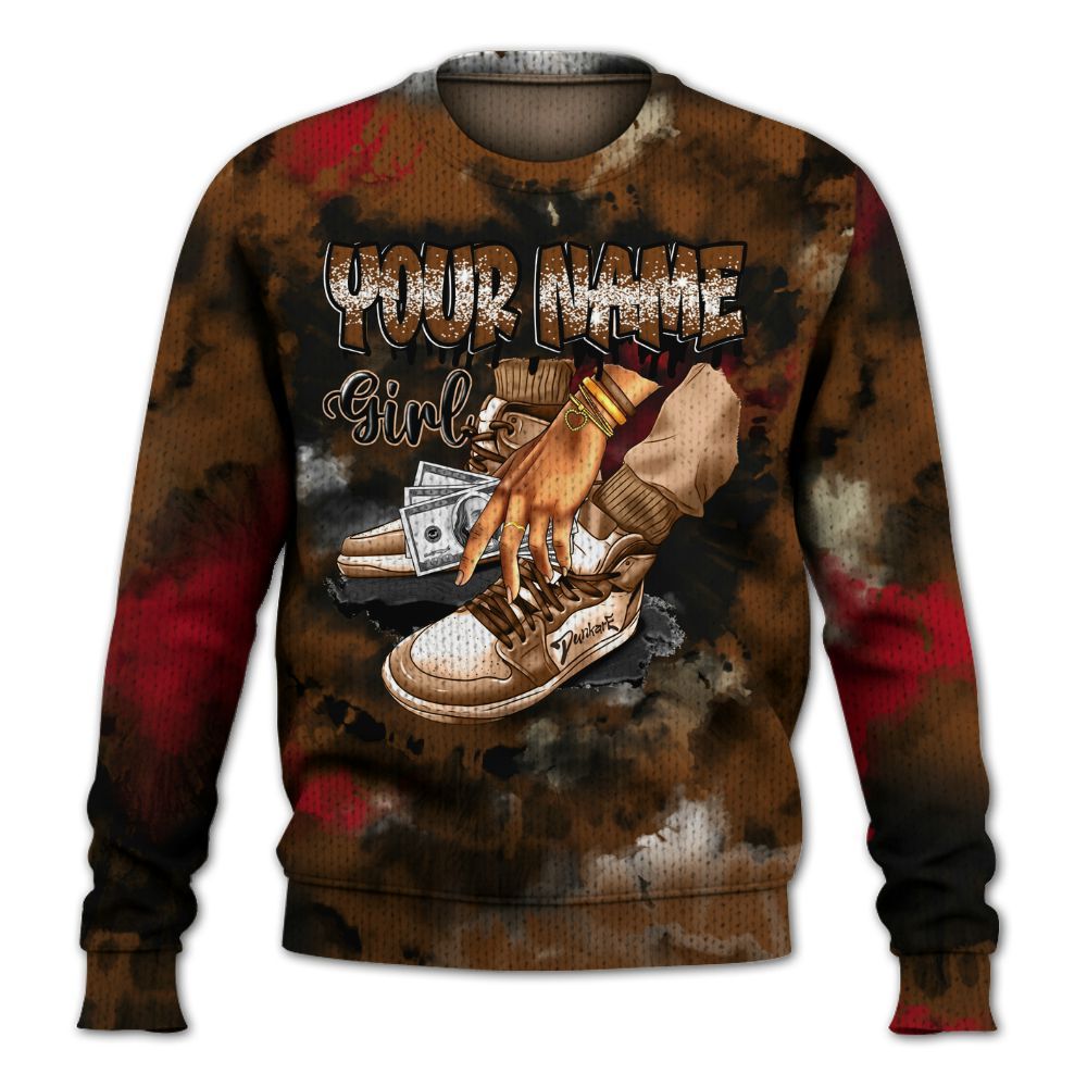 Knitted Sweater To Match Archaeo Brown 5s, Custom Name SNEAKER Girl Money Drip Tie Dye