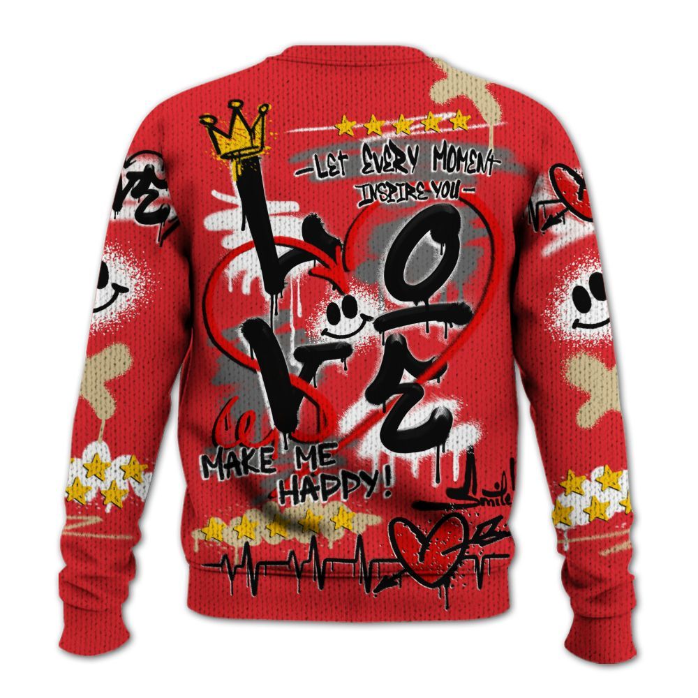 Knitted Sweater To Match Prime 93 Fire Red - Happy Love Beats Graffiti Streetwear