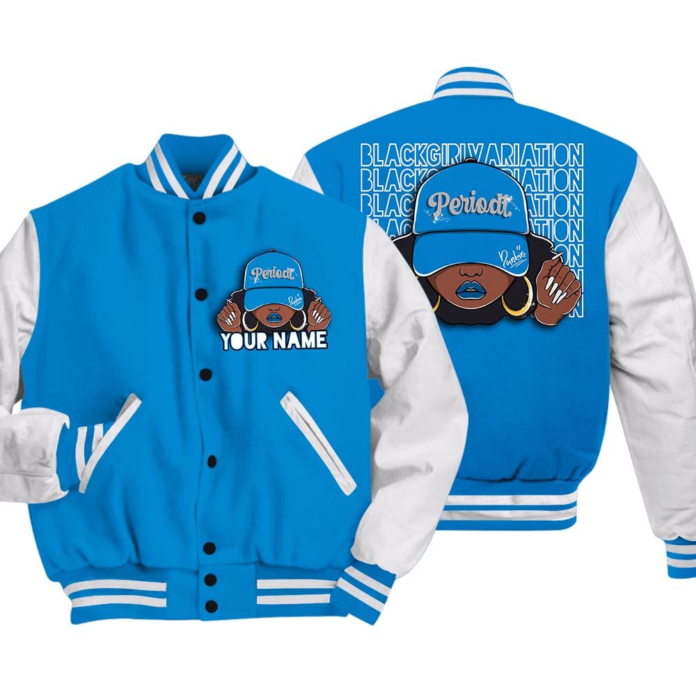 Varsity Jacket To Match Varsity Streetwear Custom Name Black Girl, Military Blue 4s T-Shirt, Sneaker Military Blue 4s Baseball Varsity Jacket 1604 NCT