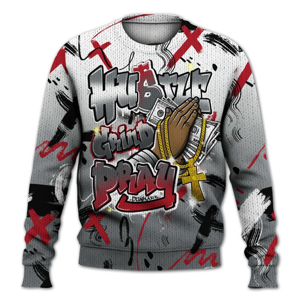 Knitted Sweater To Match Retro Fire Red 9s - Money Hustle Grind Pray