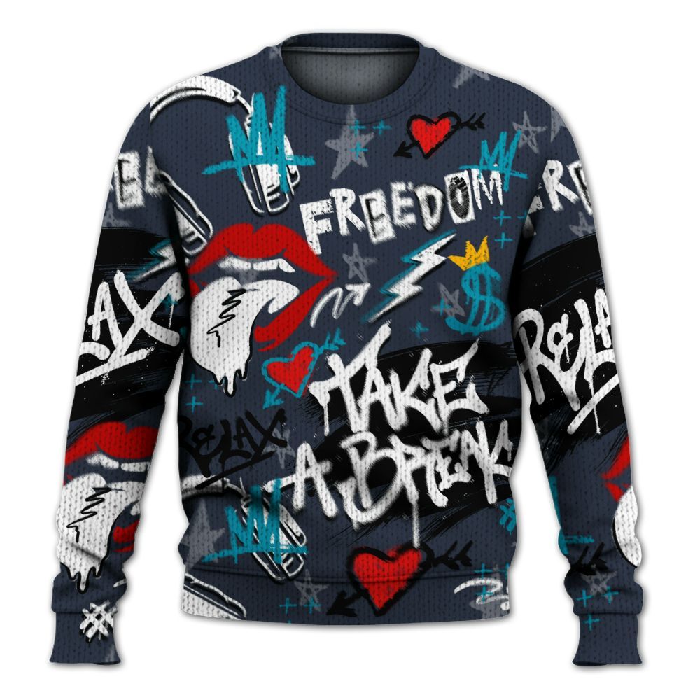 Knitted Sweater To Match Retro Obsidian 13s - Take Break Freedom Graffiti Streetwear