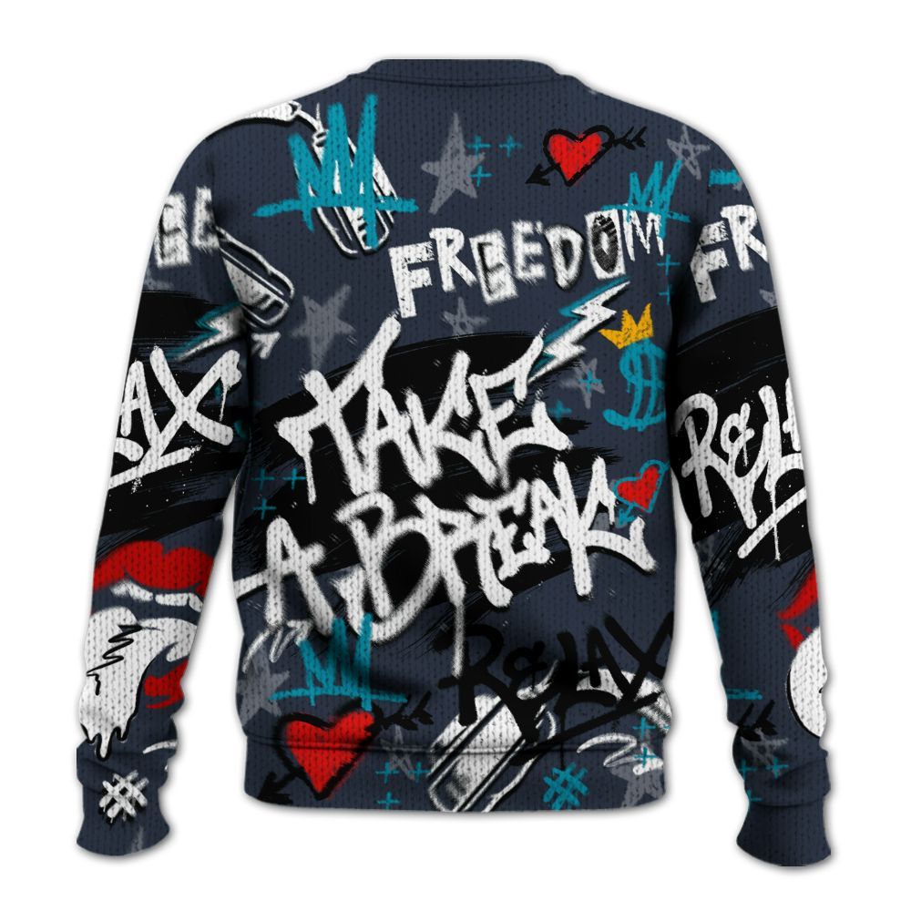 Knitted Sweater To Match Retro Obsidian 13s - Take Break Freedom Graffiti Streetwear