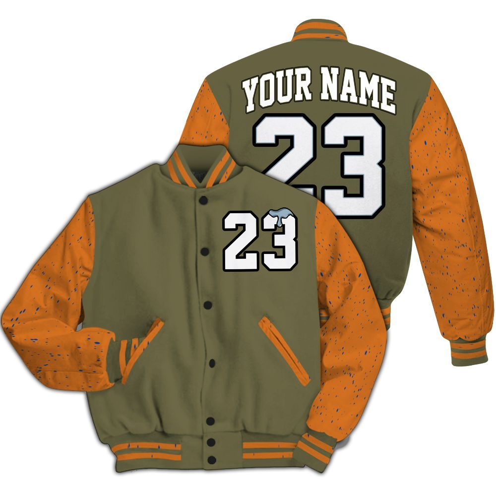 Varsity Jacket To Match Olive 5s - Custom Name Number 23 Drip All Over Print