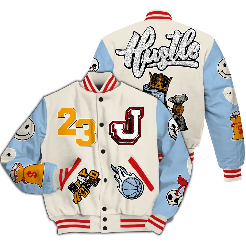 Varsity Jacket To Match Retro High OG Pale Ivory Psychic Blue 1s - Hustles Money Number 23 All Over Print