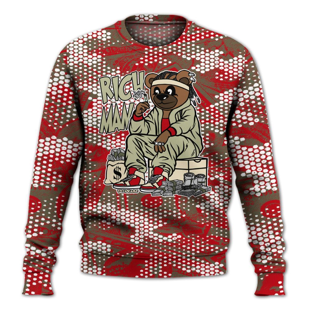Sweatshirt To Match Low OG Medium Olive 1s - Rich Man Bear Banknotes Art All Over Print