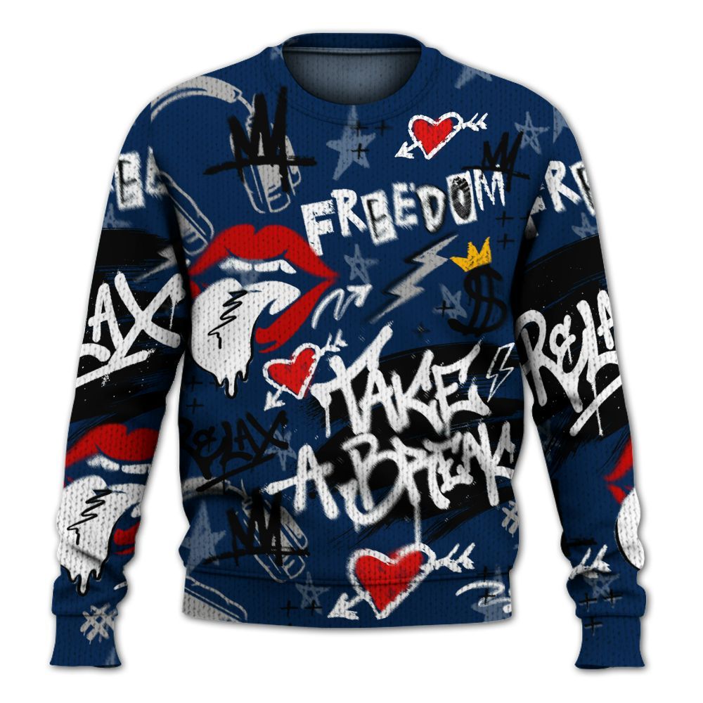 Knitted Sweater To Match SB White Navy 4s - Take Break Freedom Graffiti Streetwear