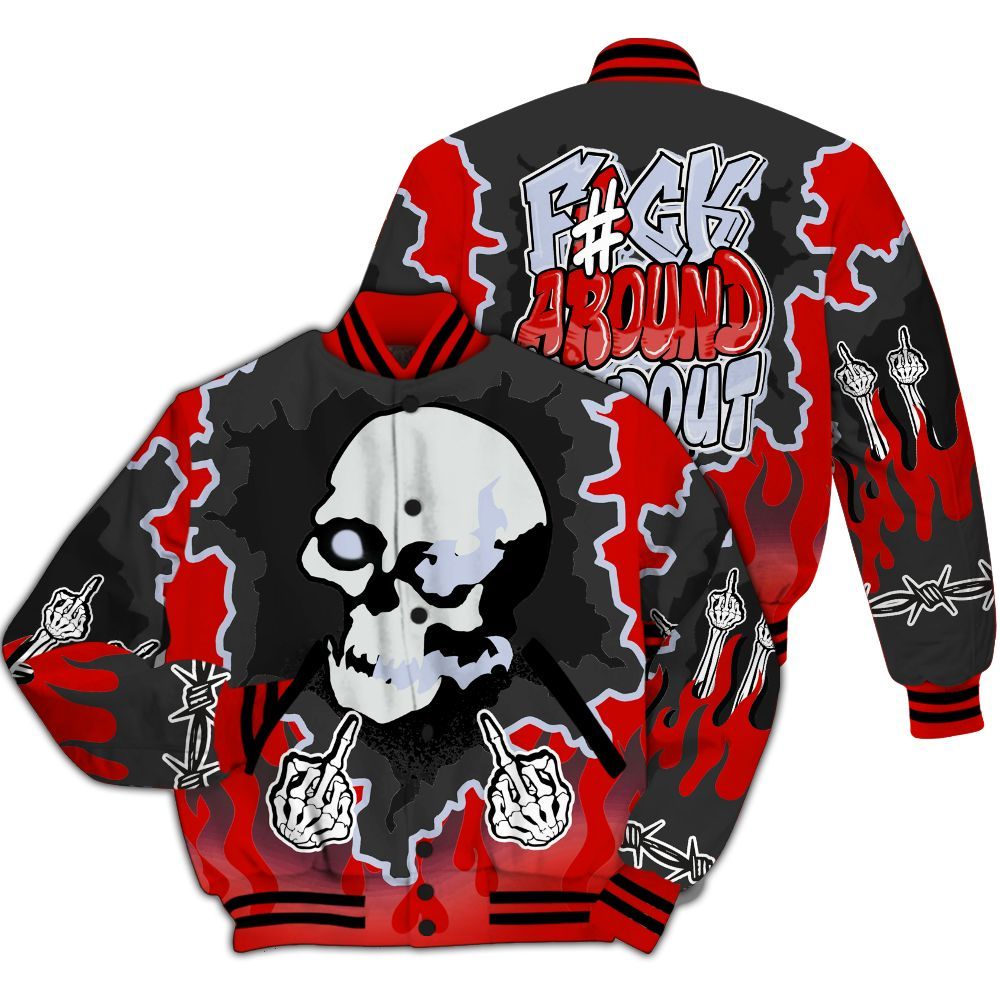 Varsity Jacket To Match Fire Red 6s - F Around Find Out Graphic Trapped All Over Print