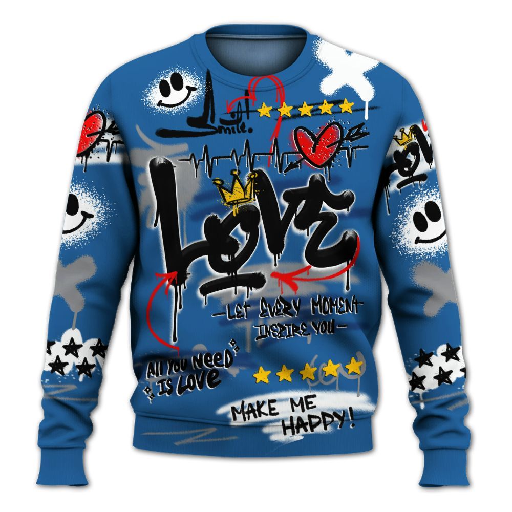 Sweatshirt To Match French Blue 13s - Happy Love Beats Graffiti Streetwear All Over Print