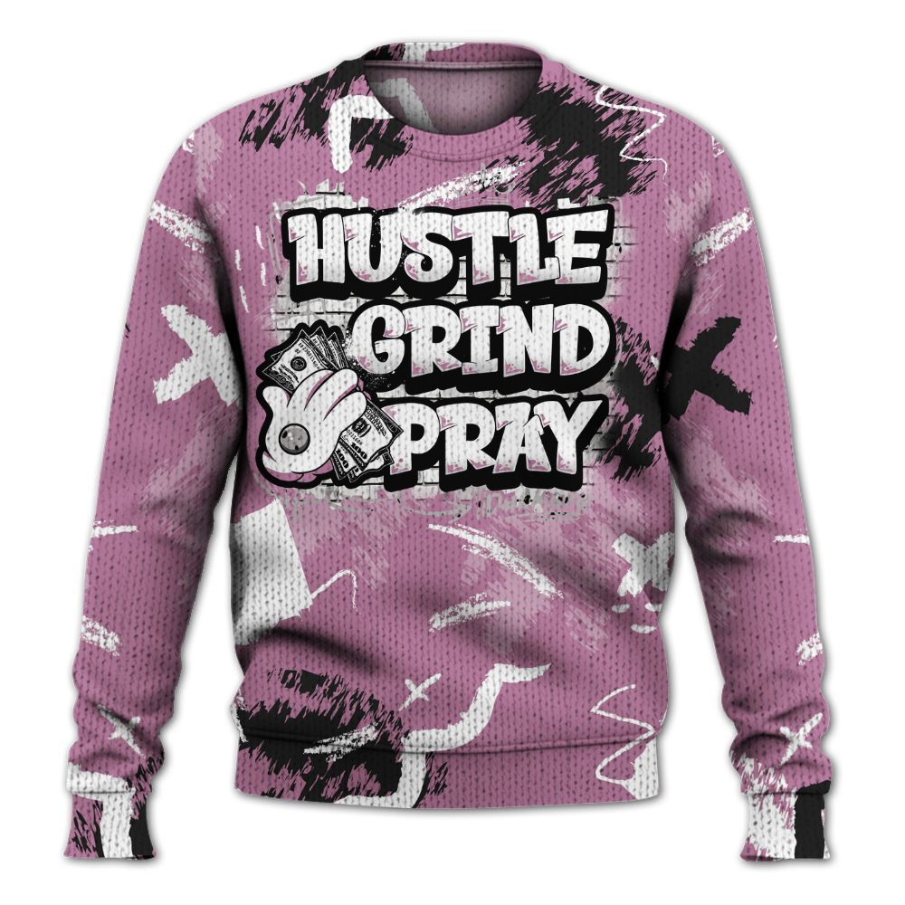 Knitted Sweater To Match Neutral Grey Black White Orchid 4s - Hustle Grind Pray Graphic Street Style