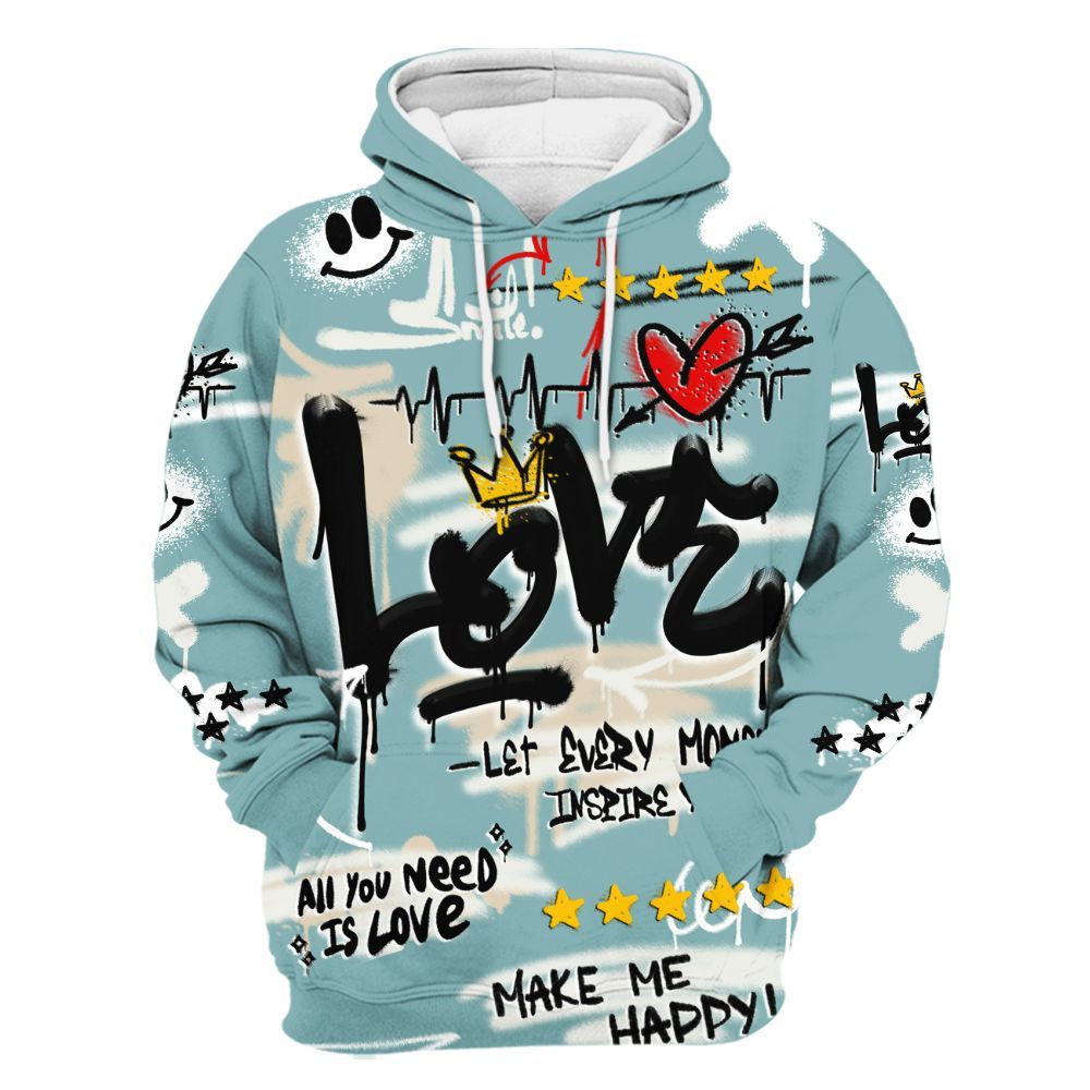 Hoodie To Match Dunk Low Glacier Blue Pale Ivory - Happy Love Beats Graffiti Streetwear All Over Print