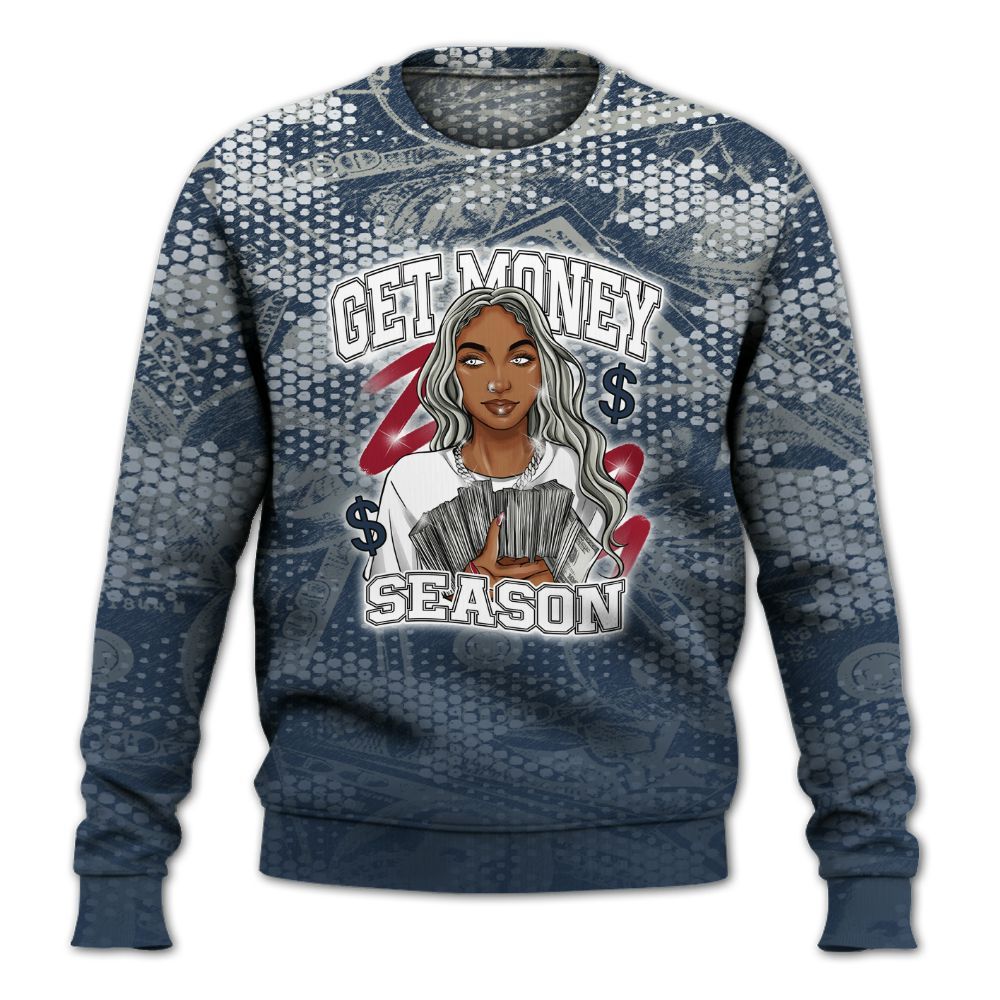Sweatshirt To Match White Midnight Navy 6s - Get Moneys Season Banknote All Over Print