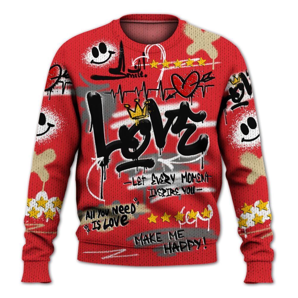 Knitted Sweater To Match Prime 93 Fire Red - Happy Love Beats Graffiti Streetwear