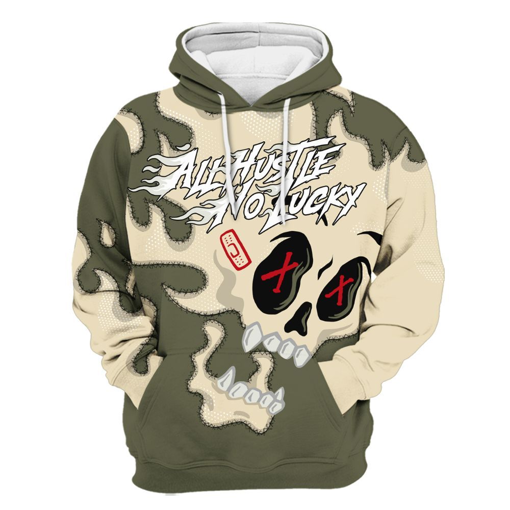 Hoodie To Match Travis Scott Low OG Medium Olive 1s - All Hustle No Lucky Skull All Over Print