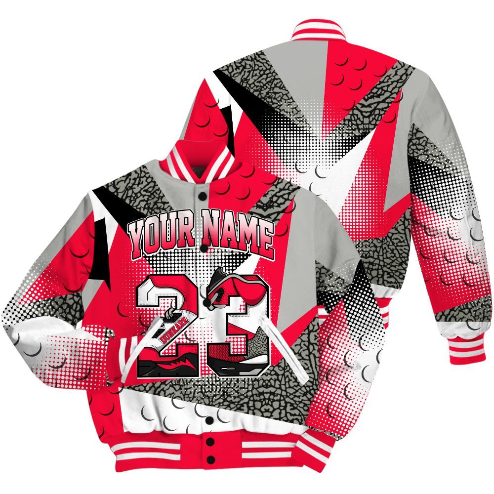 Varsity Jacket To Match Retro Fire Red 3s Shirt, Poly Custom Name Number 23 5s All Over Print