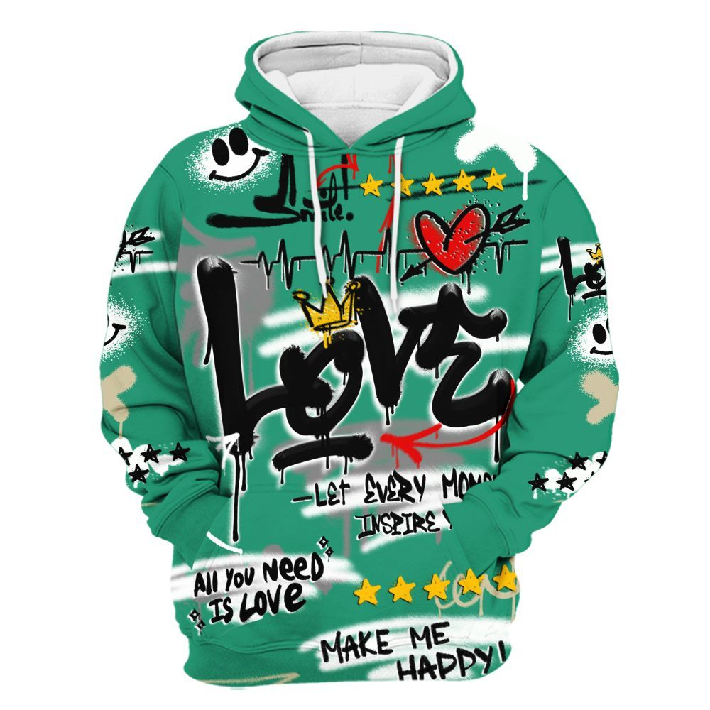 Hoodie To Match Pine Green 4s - Happy Love Beats Graffiti Streetwear All Over Print