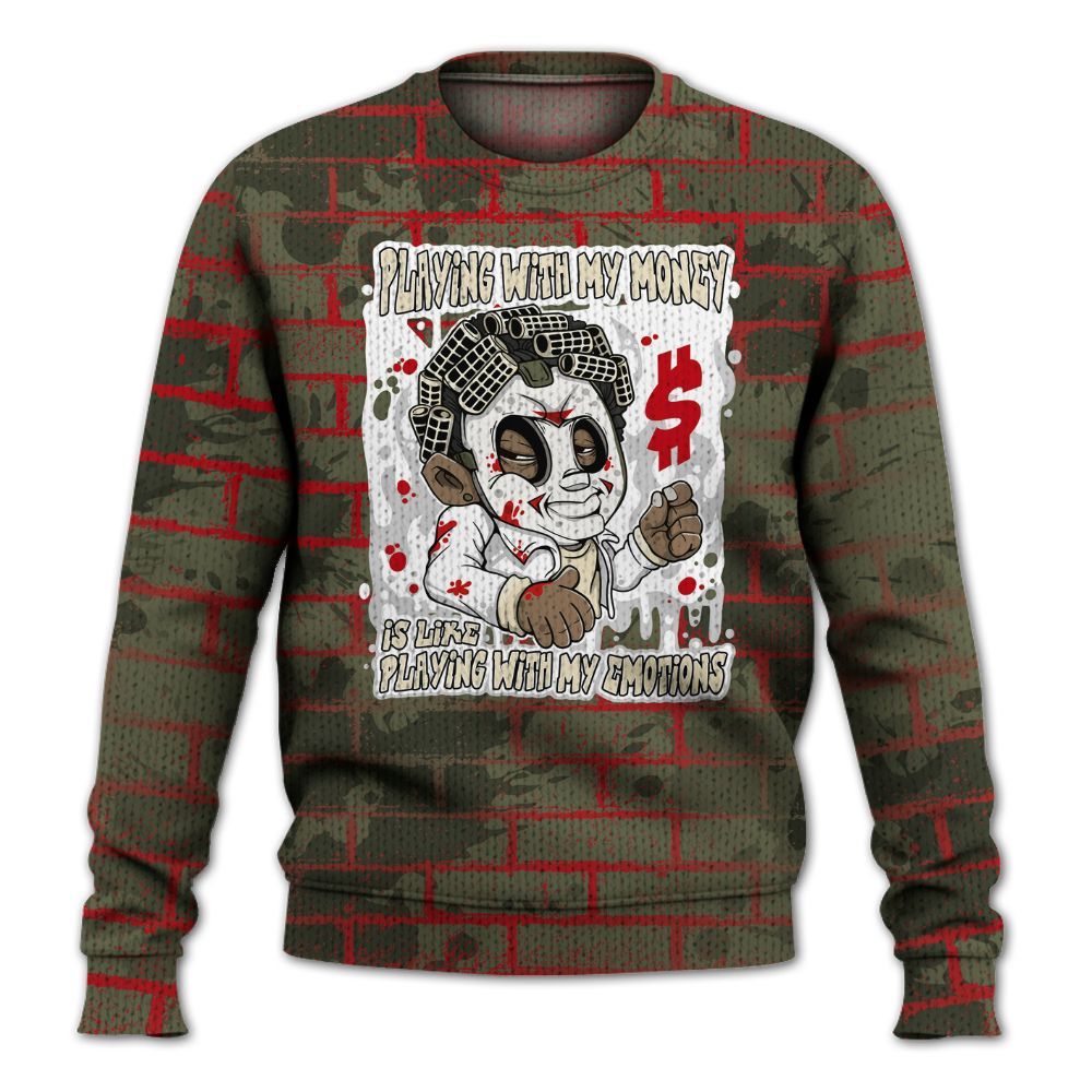 Knitted Sweater To Match Travis Scott Low OG Medium Olive 1s - Playing With My Money Graphic Halloween
