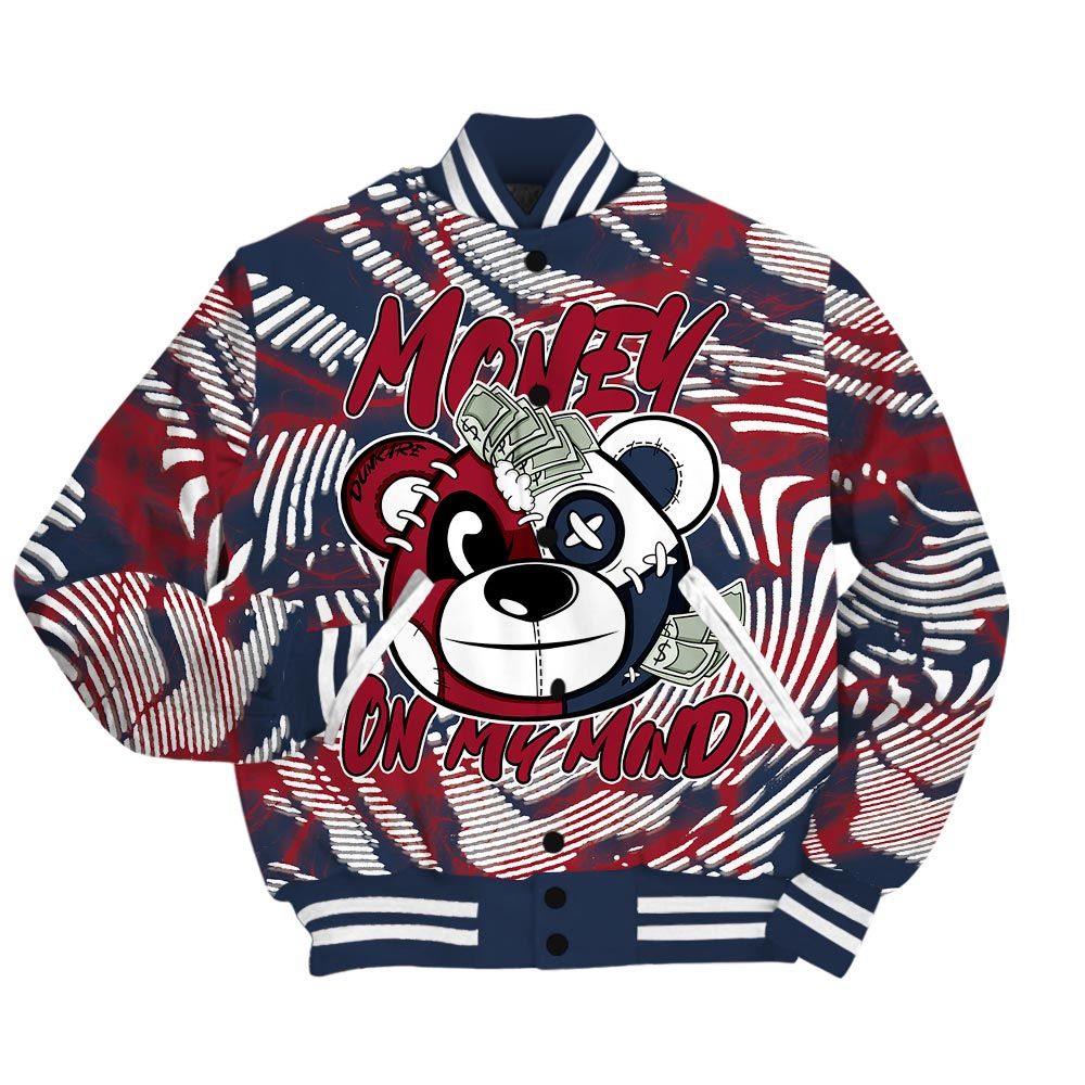 Varsity Jacket To Match Navy Blue 2024 6s - Money On My Mind Bear Fume Varsity Jacket Unisex