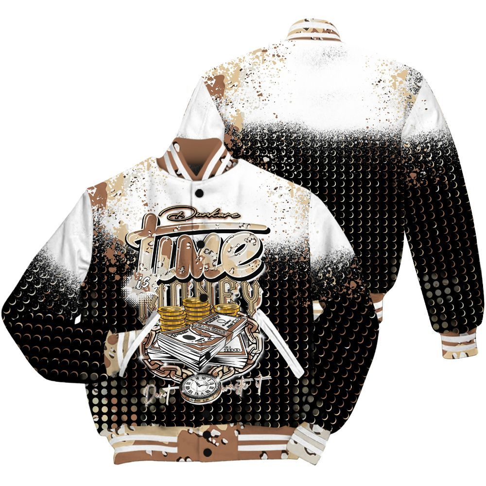 Varsity Jacket To Match Desert Camo 3s Shirt, Halftone Time Is Money All Over Print