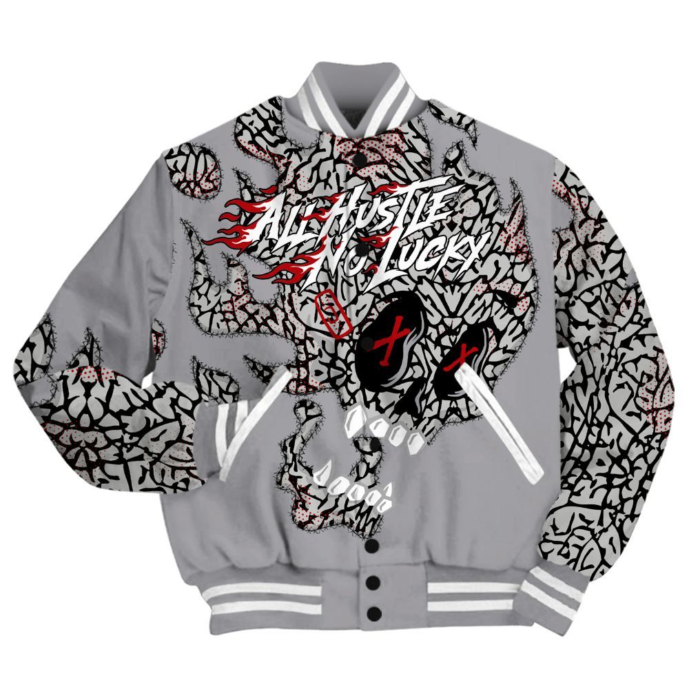 Varsity Jacket To Match Cement Grey 3s Shirt, All Hustle No Lucky Skull All Over Print