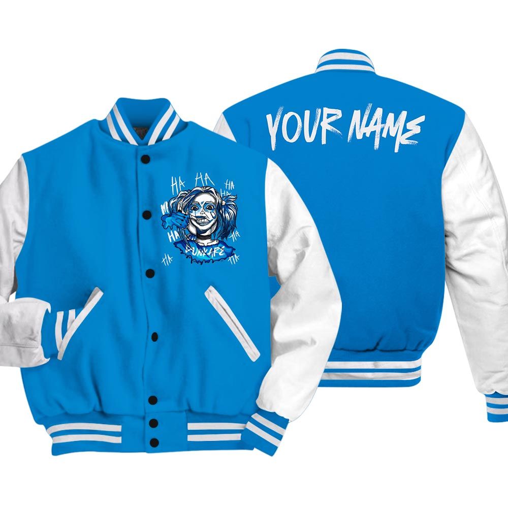 Varsity Jacket To Match Varsity Streetwear Custom Name Bad Girl HAHA, Military Blue 4s T-Shirt, Sneaker Military Blue 4s Baseball Varsity Jacket 1604 NCT