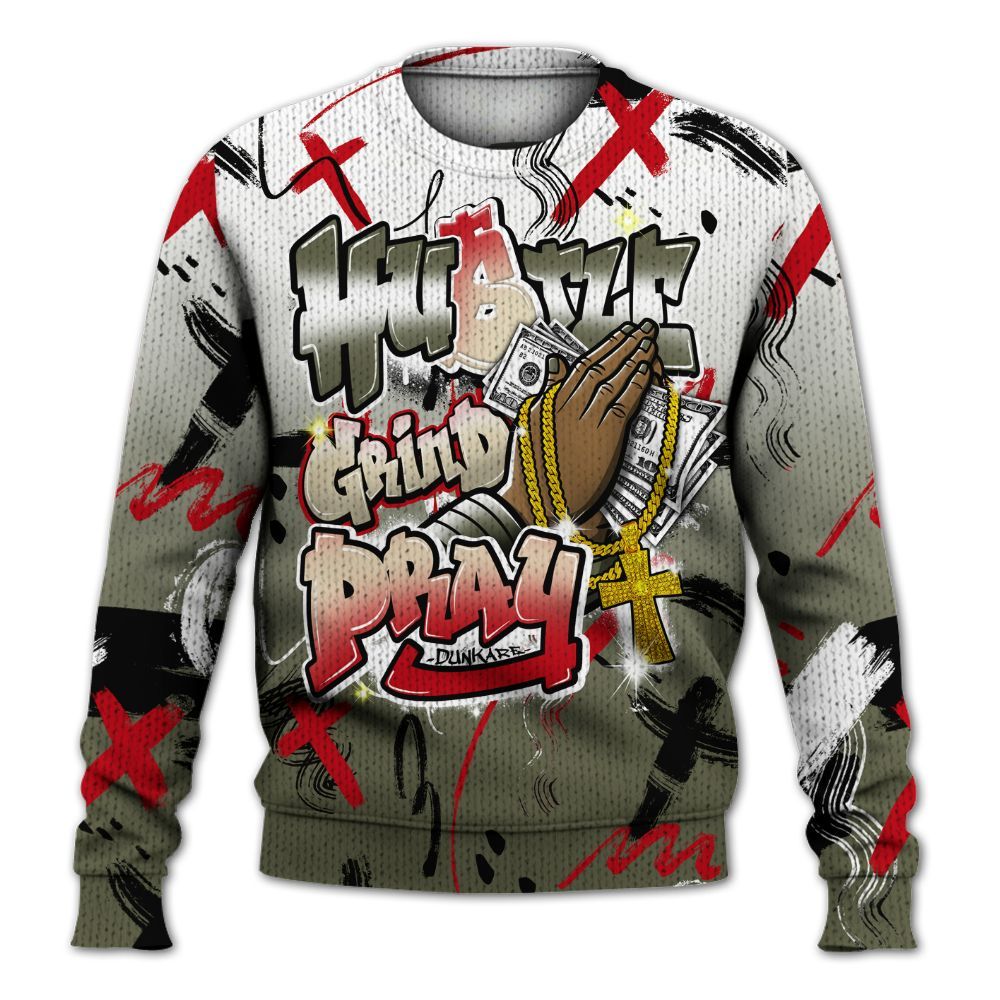 Knitted Sweater To Match Low OG Medium Olive 1s - Money Hustle Grind Pray