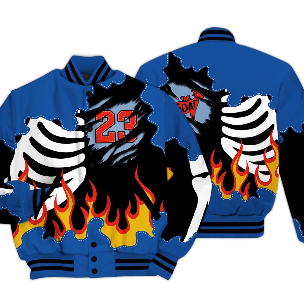 Varsity Jacket To Match Low Space Royal 11s - Burning Skeleton 23 G.O.A.T Baseball Varsity Jacket Outfit