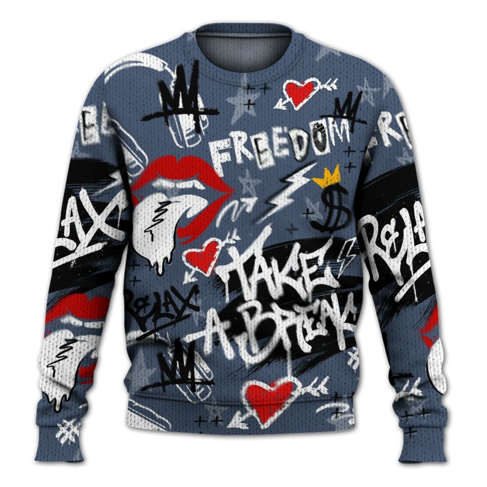 Knitted Sweater To Match Low Diffused Blue 11s - Take Break Freedom Graffiti Streetwear