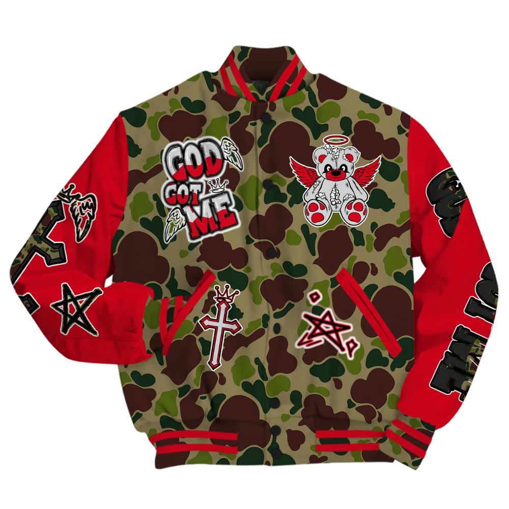 Varsity Jacket To Match Air Max 90 Duck Camo Red - Gods Guides Me Bear All Over Print