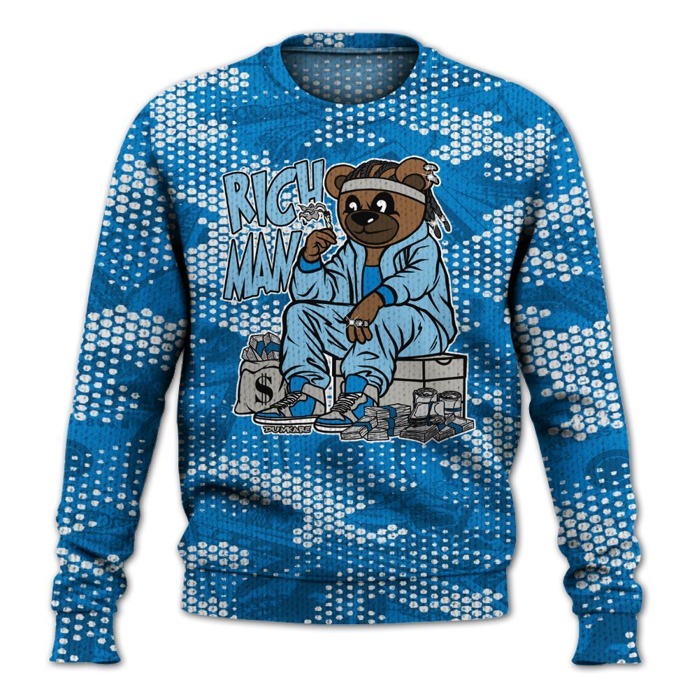 Knitted Sweater To Match Industrial Blue 4s - Rich Man Bear Banknotes Art