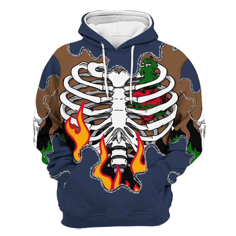 Hoodie To Match Midnight Navy 13s - Skeleton Heart On Fire All Over Print