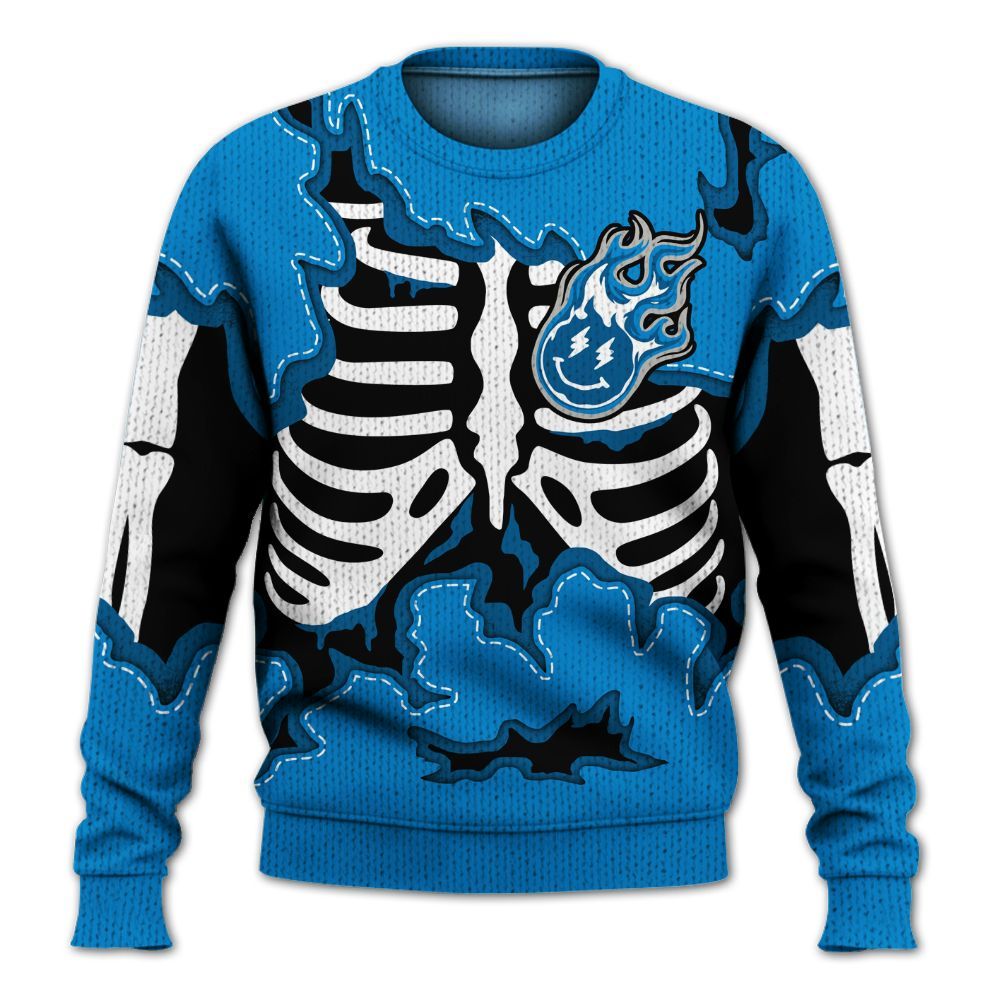 Knitted Sweater To Match Industrial Blue 4s - Skeleton Smiley Face Military Blue 4s